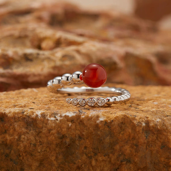 Women's Natural Black And Red Agate Pearl Ring In S925 Sterling Silver With Geometric Design