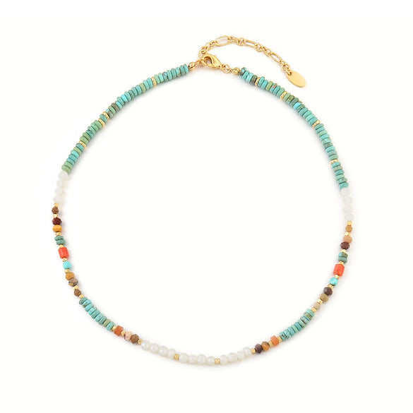 Women's Natural Blue Turquoise Beaded Necklace Handmade Geometric Style