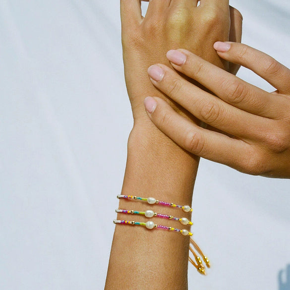 Women's Natural Bohemian Metal Freshwater Pearl And Miyuki Rice Beads Handwoven Geometric Bracelet