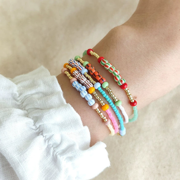 Women's Natural Bohemian Style Handwoven Glass And Glaze Beaded Freshwater Pearl Rope Bracelet With Geometric Pattern