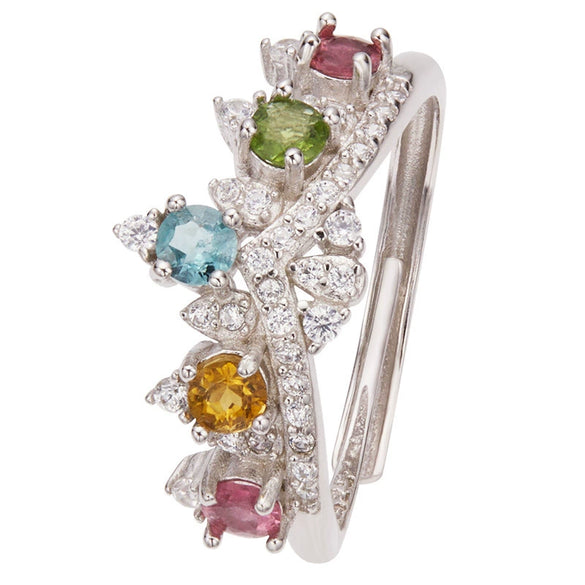 Women's Natural Colored Tourmaline Ring S925 Sterling Silver Crown Style Set With Gems