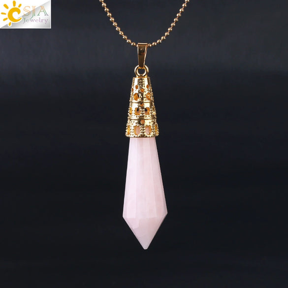 Women's Natural Crystal Hexagonal Prism Bullet Pendant Necklace With Titanium Steel Bead Chain Minimalist Fashion Jewelry