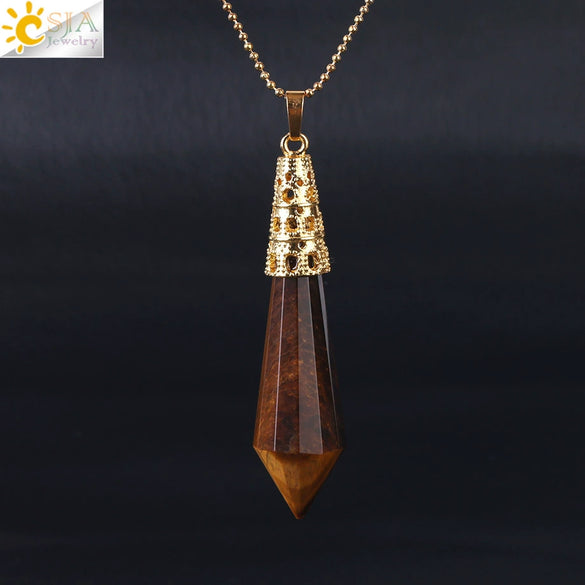 Women's Natural Crystal Hexagonal Prism Bullet Pendant Necklace With Titanium Steel Bead Chain Minimalist Fashion Jewelry
