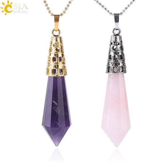 Women's Natural Crystal Hexagonal Prism Bullet Pendant Necklace With Titanium Steel Bead Chain Minimalist Fashion Jewelry