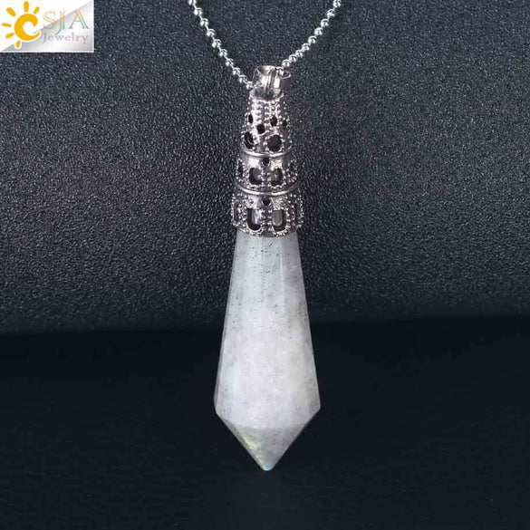 Women's Natural Crystal Hexagonal Prism Bullet Pendant Necklace With Titanium Steel Bead Chain Minimalist Fashion Jewelry