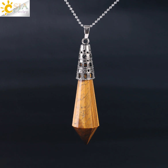 Women's Natural Crystal Hexagonal Prism Bullet Pendant Necklace With Titanium Steel Bead Chain Minimalist Fashion Jewelry