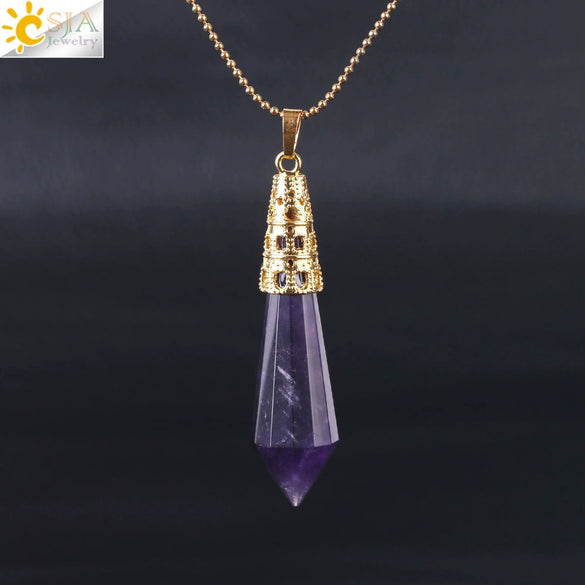 Women's Natural Crystal Hexagonal Prism Bullet Pendant Necklace With Titanium Steel Bead Chain Minimalist Fashion Jewelry