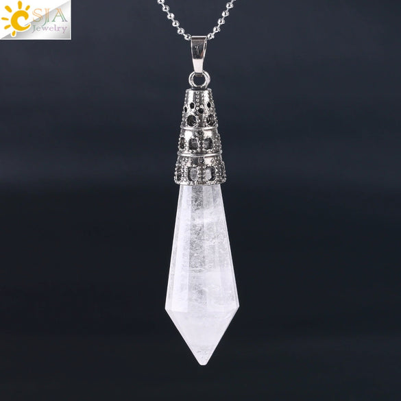 Women's Natural Crystal Hexagonal Prism Bullet Pendant Necklace With Titanium Steel Bead Chain Minimalist Fashion Jewelry