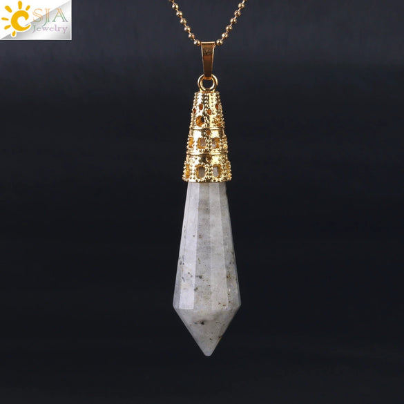 Women's Natural Crystal Hexagonal Prism Bullet Pendant Necklace With Titanium Steel Bead Chain Minimalist Fashion Jewelry