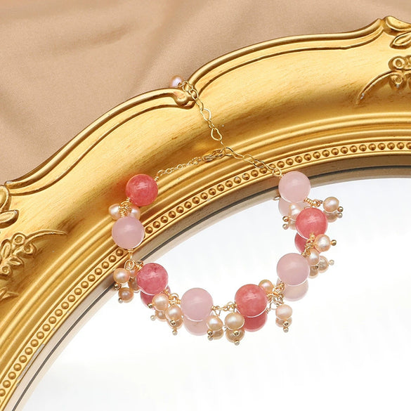 Women's Natural Crystal Pearl Bracelet Retro Geometric Style With Pink Crystal Pendant 18K Gold Plated