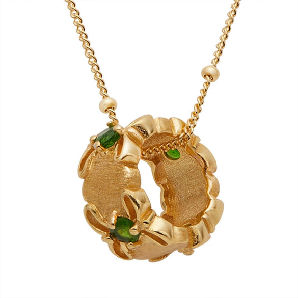 Women's Natural Diopside Garnet Colored Gemstone Pendant Necklace In Midcentury Style Set With Gems Geometric Pattern 925 Sterling Silver