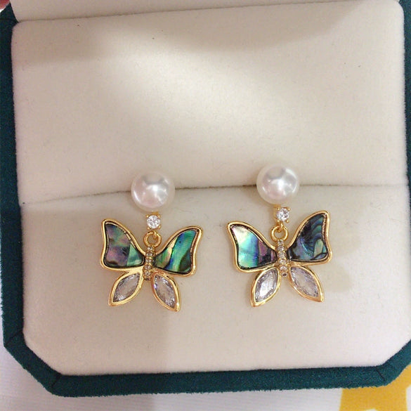 Women's Natural Freshwater Pearl Abalone Shell Butterfly Oblate Earrings