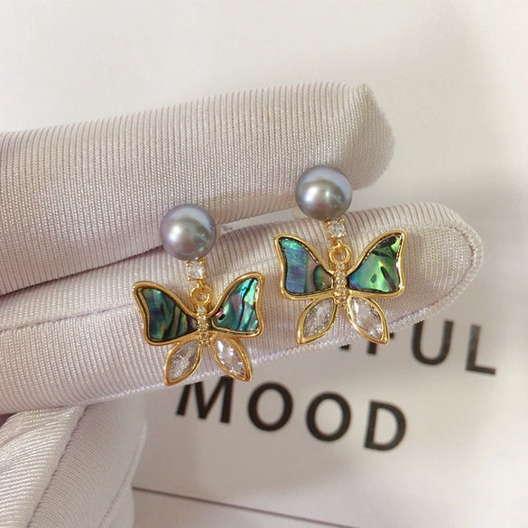 Women's Natural Freshwater Pearl Abalone Shell Butterfly Oblate Earrings