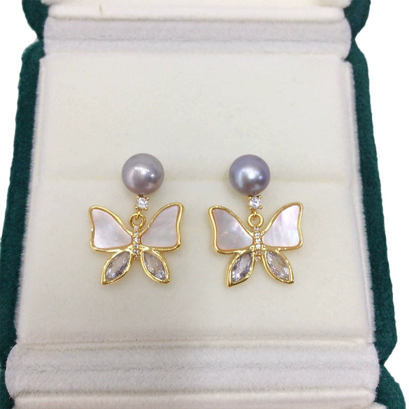 Women's Natural Freshwater Pearl Abalone Shell Butterfly Oblate Earrings