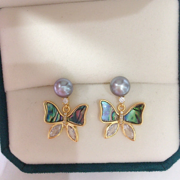 Women's Natural Freshwater Pearl Abalone Shell Butterfly Oblate Earrings