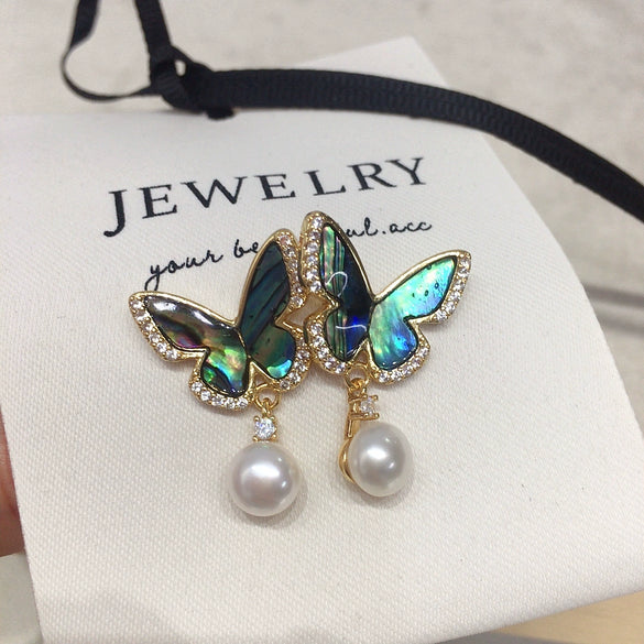 Women's Natural Freshwater Pearl And Abalone Shell Butterfly Earrings