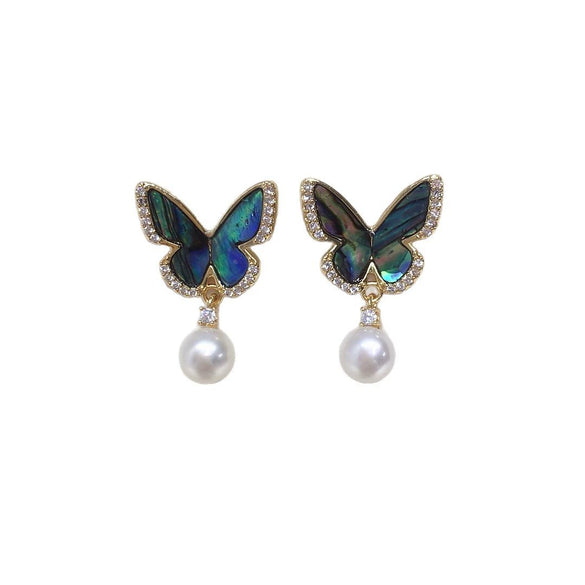 Women's Natural Freshwater Pearl And Abalone Shell Butterfly Earrings
