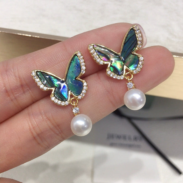 Women's Natural Freshwater Pearl And Abalone Shell Butterfly Earrings