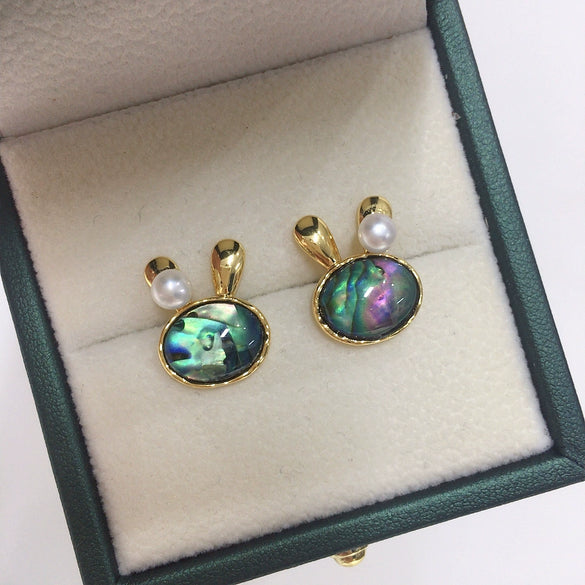 Women's Natural Freshwater Pearl And Abalone Shell Cute Rabbit Earrings In S925 Sterling Silver