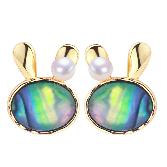 Women's Natural Freshwater Pearl And Abalone Shell Cute Rabbit Earrings In S925 Sterling Silver