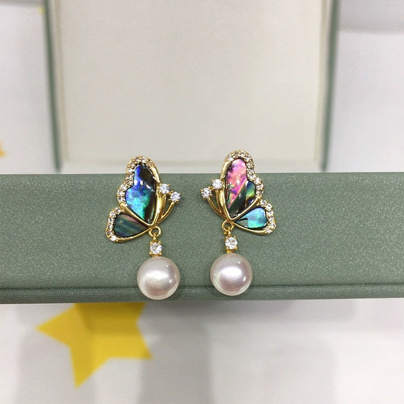 Women's Natural Freshwater Pearl And Abalone Shell Earrings In S925 Sterling Silver With 18K Gold Oblate Shape
