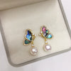 Women's Natural Freshwater Pearl And Abalone Shell Earrings In S925 Sterling Silver With 18K Gold Oblate Shape