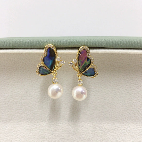Women's Natural Freshwater Pearl And Abalone Shell Earrings In S925 Sterling Silver With 18K Gold Oblate Shape