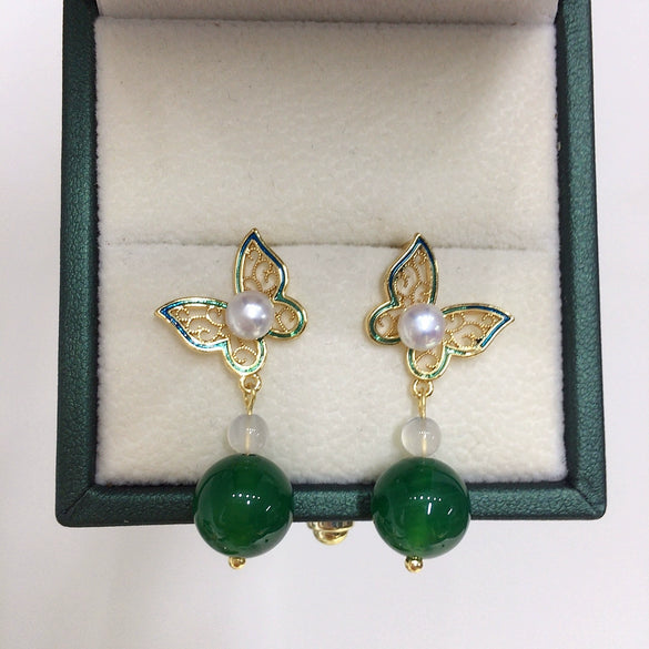 Women's Natural Freshwater Pearl And Agate Butterfly Earrings In S925 Sterling Silver