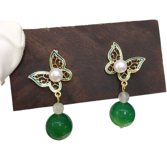 Women's Natural Freshwater Pearl And Agate Butterfly Earrings In S925 Sterling Silver
