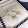 Women's Natural Freshwater Pearl And Alloy Inlaid Gemstone Earrings With Oblate Shape And Retro Style