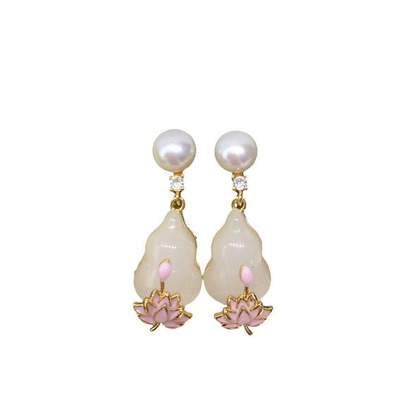 Women's Natural Freshwater Pearl And Chalcedony Earrings With Oblate Shape S925 Sterling Silver Needle