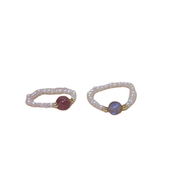 Women's Natural Freshwater Pearl And Moonstone Ring With Geometric Pattern Retro Light Luxury Style