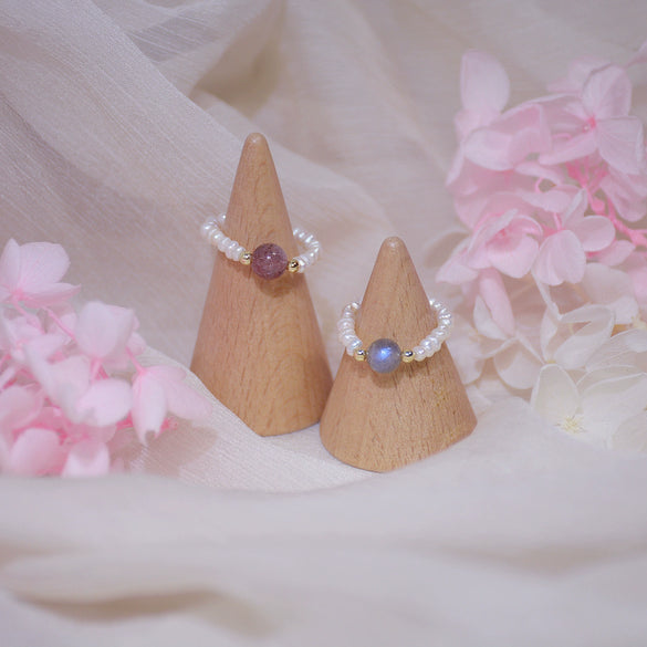 Women's Natural Freshwater Pearl And Moonstone Ring With Geometric Pattern Retro Light Luxury Style