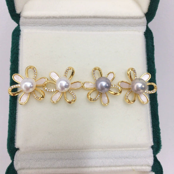Women's Natural Freshwater Pearl And S925 Sterling Silver Cut Out Resin Daisy Earrings