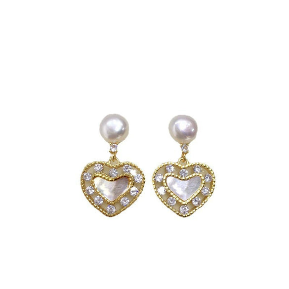 Women's Natural Freshwater Pearl And Sea Shell Fritillary S925 Sterling Silver Earrings With 18K Gold Oblate And Flat Round Shape
