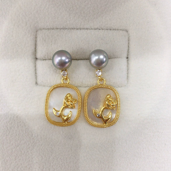 Women's Natural Freshwater Pearl And Sea Shell Rose Earrings In S925 Sterling Silver And 18K Goldfilled