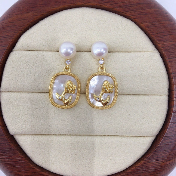 Women's Natural Freshwater Pearl And Sea Shell Rose Earrings In S925 Sterling Silver And 18K Goldfilled