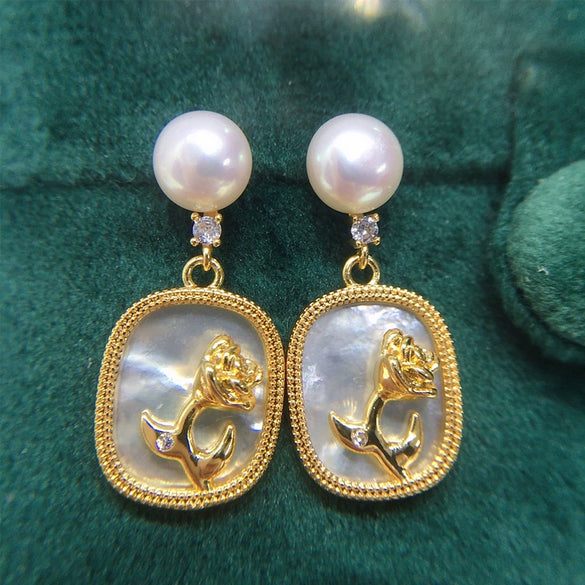 Women's Natural Freshwater Pearl And Sea Shell Rose Earrings In S925 Sterling Silver And 18K Goldfilled