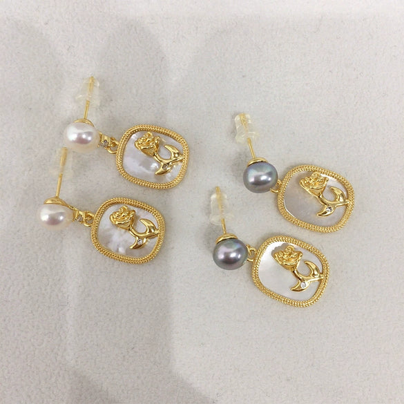 Women's Natural Freshwater Pearl And Sea Shell Rose Earrings In S925 Sterling Silver And 18K Goldfilled