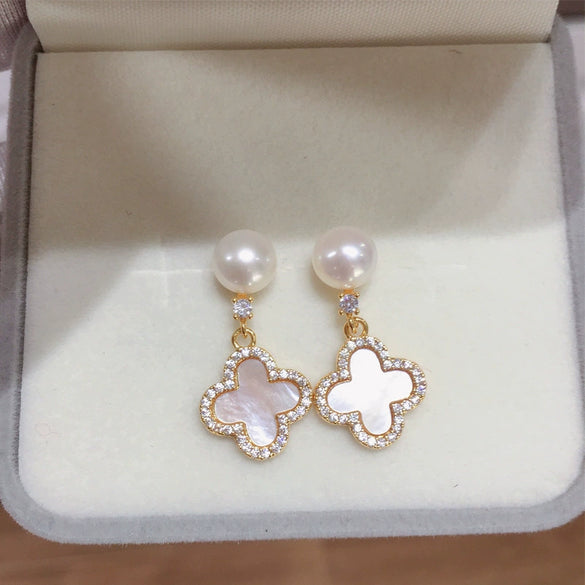 Women's Natural Freshwater Pearl And Seashell Four Leaf Clover Earrings With S925 Sterling Silver Needle