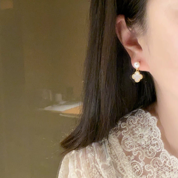 Women's Natural Freshwater Pearl And Seashell Four Leaf Clover Earrings With S925 Sterling Silver Needle