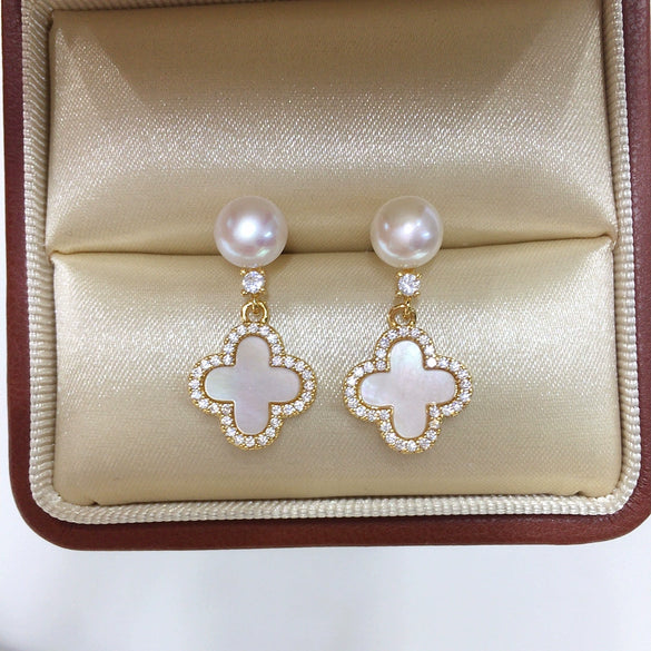 Women's Natural Freshwater Pearl And Seashell Four Leaf Clover Earrings With S925 Sterling Silver Needle