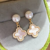 Women's Natural Freshwater Pearl And Seashell Four Leaf Clover Earrings With S925 Sterling Silver Needle