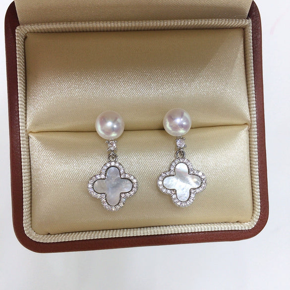 Women's Natural Freshwater Pearl And Seashell Four Leaf Clover Earrings With S925 Sterling Silver Needle