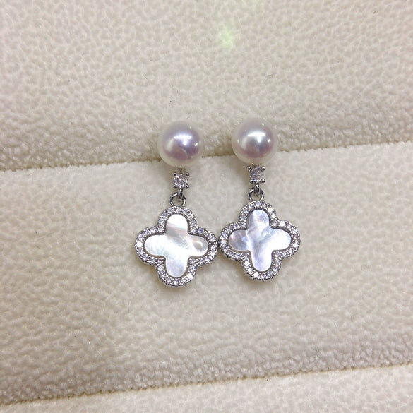 Women's Natural Freshwater Pearl And Seashell Four Leaf Clover Earrings With S925 Sterling Silver Needle