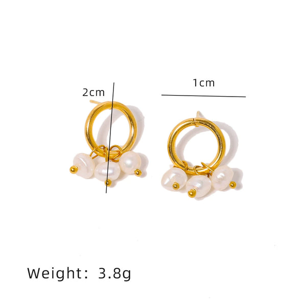 Women's Natural Freshwater Pearl And Titanium Steel Earrings Geometric Style Pure Handmade