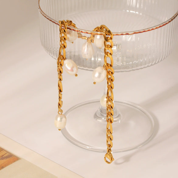 Women's Natural Freshwater Pearl Anklet Stainless Steel Geometric Figaro Chain 18K Goldplated Titanium Steel Nonfading