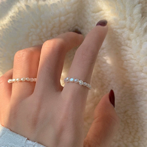 Women's Natural Freshwater Pearl Baroque Geometry Ring Hand Beaded Adjustable Elastic Pearl Ring