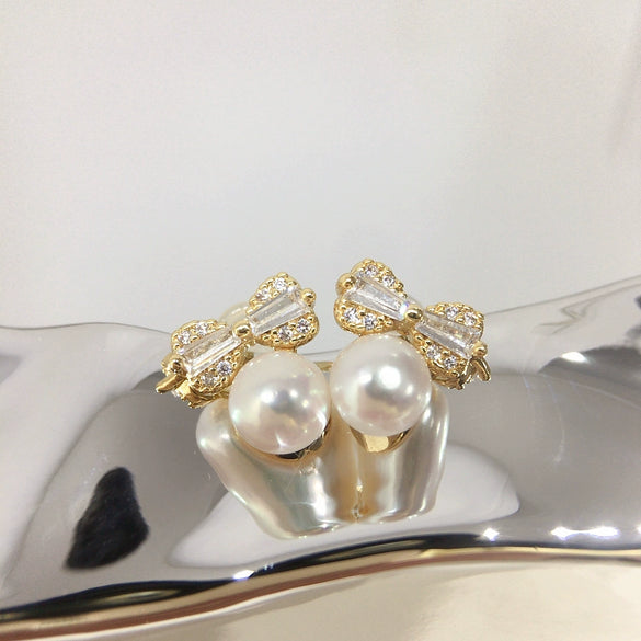 Women's Natural Freshwater Pearl Bow Zircon Earrings 18K Goldfilled Oblate Round