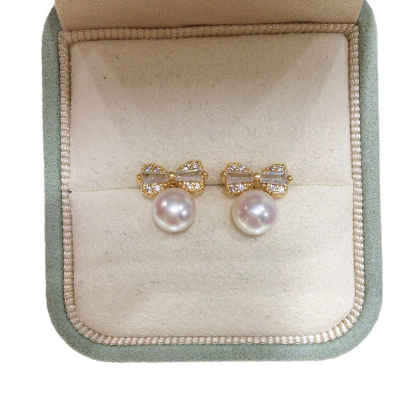 Women's Natural Freshwater Pearl Bow Zircon Earrings 18K Goldfilled Oblate Round